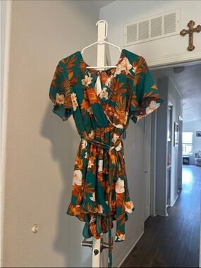 SHEIN Teal Floral Wrap Mini Dress with Orange Accents